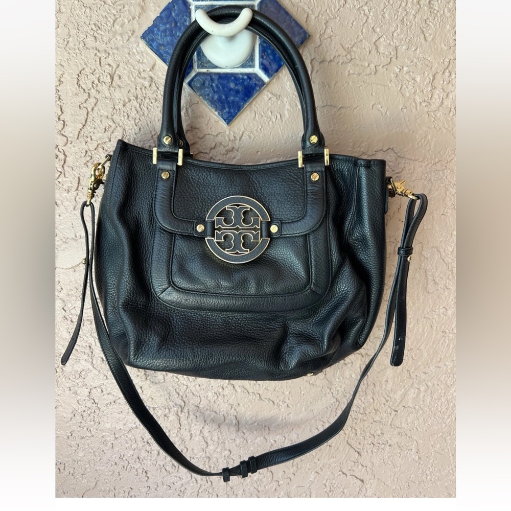 Black Leather Tory Burch Tote Bag with Gold Logo